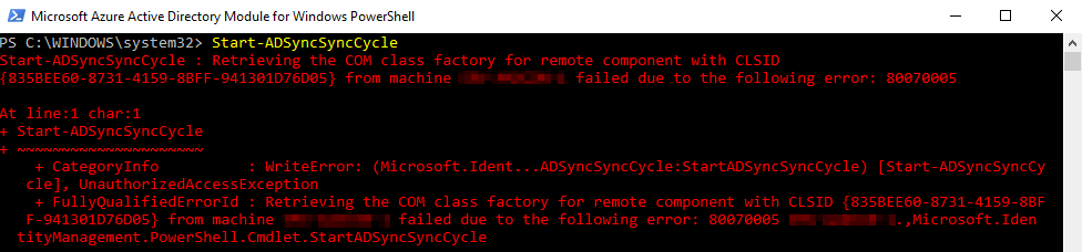 Start-ADSyncSyncCycle error: 80070005
